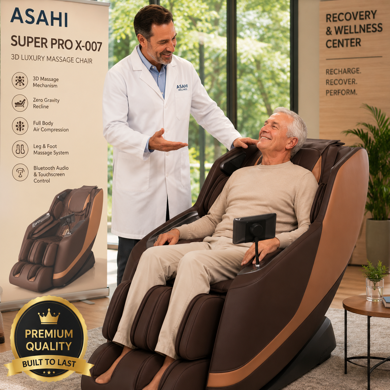 Senior man using the ASAHI Super Pro X-007 massage chair with professional guidance in a bright wellness and recovery center